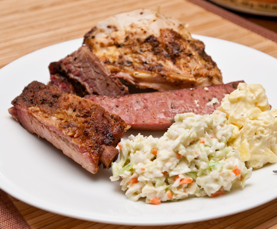 Rudy's BBQ - Chicken breast, pork rib, brisket, potato salad, cole slaw