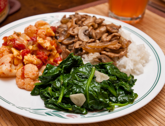 Sauteed spinach and leftover mushroom chicken and tomato cauliflower