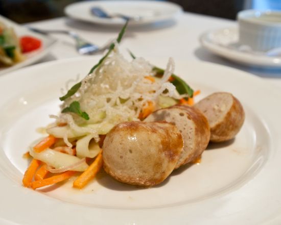 Zoot - Lemongrass boudin blanc with cucumber salad, basil and fried noodles
