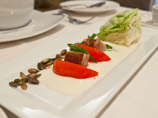 Zoot - Heirloom tomato salad with braised bacon, iceberg lettuce, pepitas and horseradish aioli