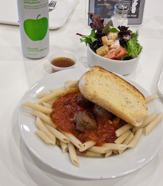 IKEA - marinara pasta with meatballs and a side salad