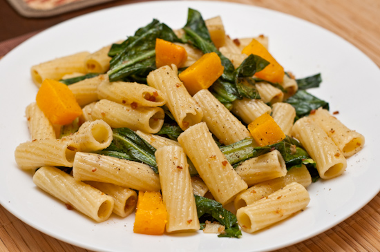 rigatoni with bacon, collard greens, and roasted butternut squash