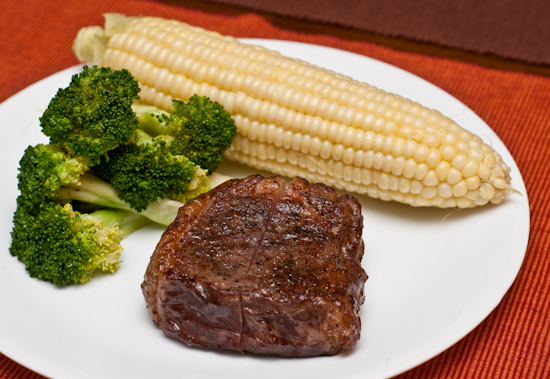 Sous Vide New York Strip Steak with sweet corn and broccoli