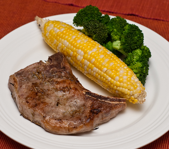 Sous vide pork chop, corn, and broccoli