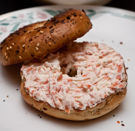 Toasted bagel with smoked salmon cream cheese