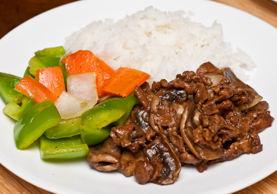 Pork with Mushrooms, Bell Peppers with Onions and Carrots, and White Rice