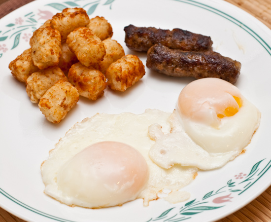 Eggs, Tater Tots, and Breakfast Sausages