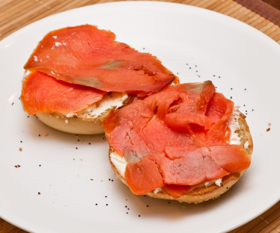 Everything bagel with cream cheese and smoked salmon