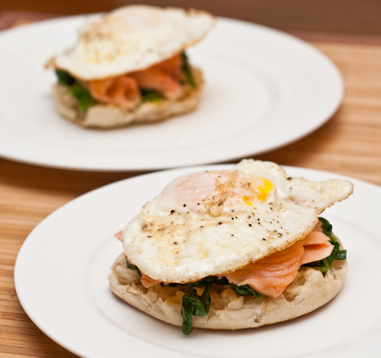 Open Faced Sandwich of Smoked Salmon, Spinach, and Fried Egg