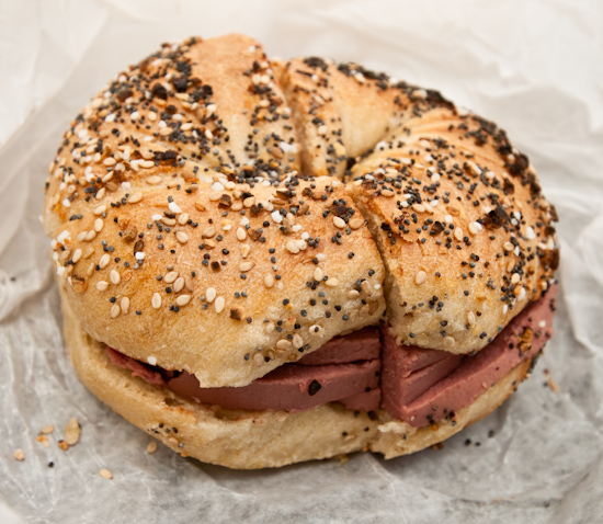 Absolute Bagels - Toasted Everything Bagel with Liverwurst