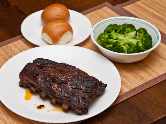 Smoked Baby Back Ribs, Steamed Broccoli, and Dinner Rolls
