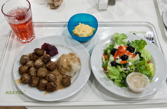IKEA - Swedish meatballs with mashed potatoes and side of macaroni and cheese, Greek Salad