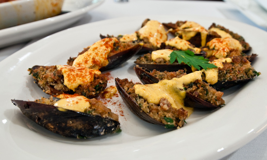 Soleil - Stone Oven Gratin of Mussels with Croutons & Saffron Sauce