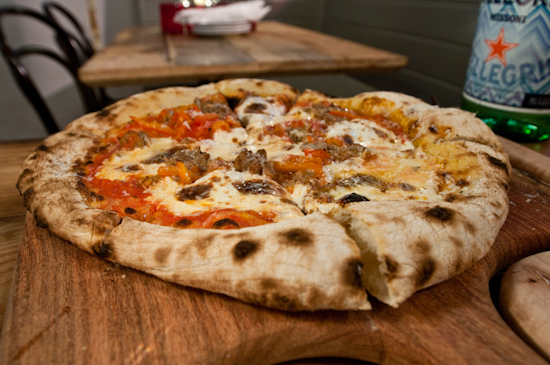 Backspace - fennel sausage, mozzarella, roasted peppers, garlic, parmesan pizza