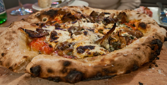 Backspace - roasted mushrooms, ricotta, tomato, capers, thyme pizza