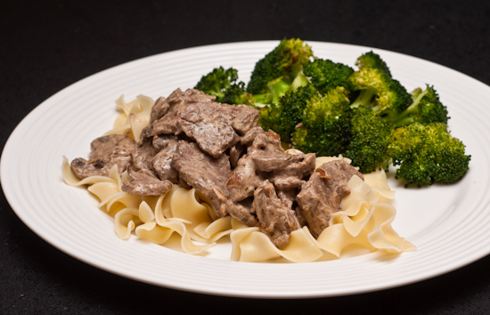Beef Stroganoff with egg noodles and roast broccoli