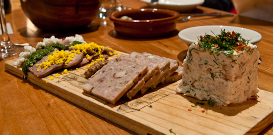 Dai Due - Poached Beef Tongue with Carrot Top Sauce, Sweetbread Terrine, and Smoked Catfish Terrine