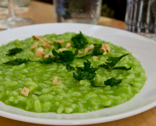 The Noble Pig - Green Garlic Risotto with Flat Leaf Parsley Chip and Garlip Chips