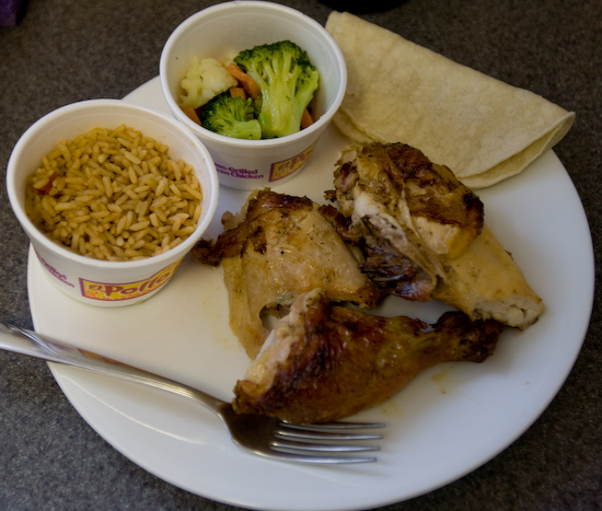 El Pollo Loco - Two Piece Meal with Spanish Rice, Steamed Vegetables, and Flour Tortillas