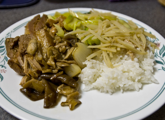 Stewed Pork, Shredded Potatoes, Pork with Button and Woodear Mushrooms, and Stir-Fried Celery over Rice