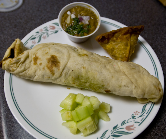 New Tandoori Cafe - Lamb Seekh Kabob Wrap, Cucumber Salad, and Samosa