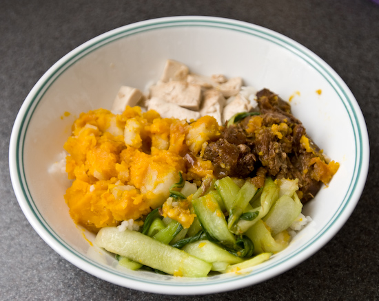 Rice with Tofu, Stewed Pork, Pumpkin and Potatoes, and Bok Choy