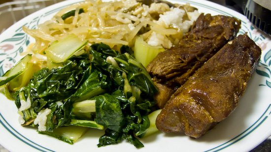 Stewed Pork Ribs, Bok Choy, Bean Sprouts, and Mushrooms with Rice
