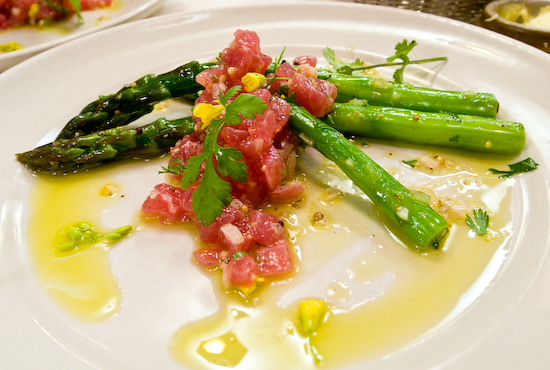 Chez Panisse - Tuna tartare and green asparagus salad with mustard flower vinaigrette