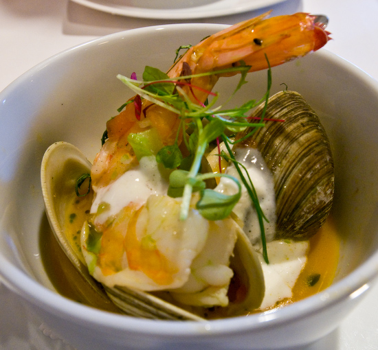 Zoot - Shrimp and littleneck clams in saffron broth with tomato, basil and creme fraiche