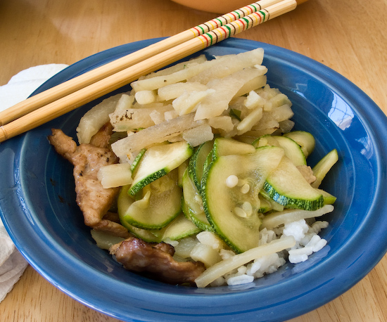 Rice with potatoes and daikon, pork, and zucchini