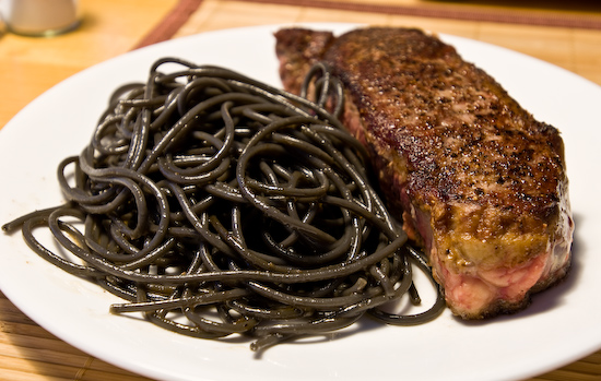 Squid Ink Spaghetti with New York Strip Steak