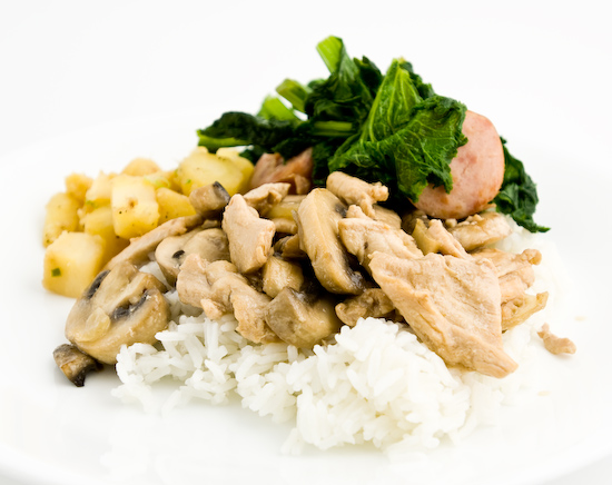 Chicken and Mushrooms in Oyster Sauce, Parnips, and Mustard Greens with Sausage