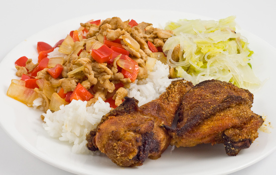 Baked chicken, chicken breast with red bell pepper, and napa cabbage