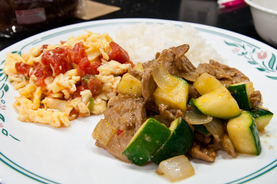 Zucchini and Pork, Eggs and Tomato, White Rice