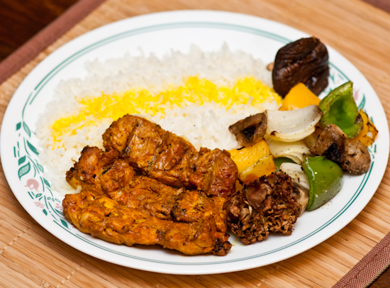 Tandoori chicken, grilled vegetables, and Persian saffron rice