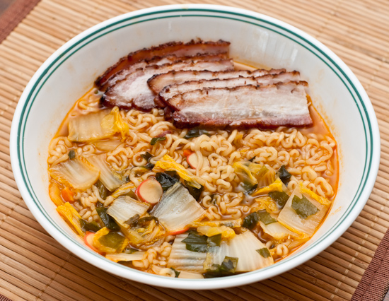 Nong Shim Seafood Ramyun with cabbage and pork belly