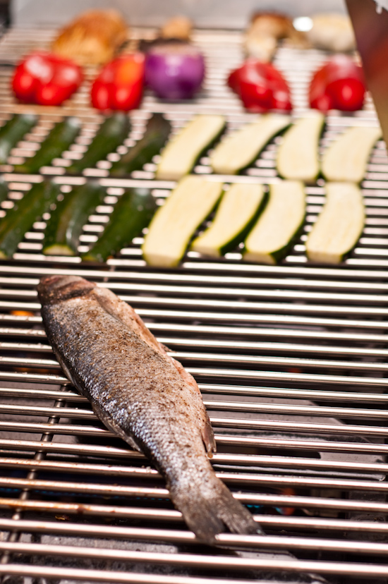 Grilling Branzino, zucchini, red bell peppers, and mushrooms