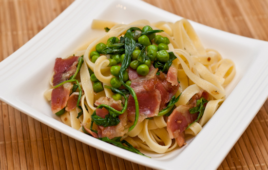 Fettuccine with Speck, Arugula, and Green Peas