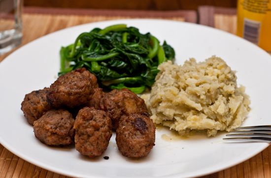 Aidell's Teriyaki Meatballs, Sauteed Spinach, and Mashed Sweet Potatoes