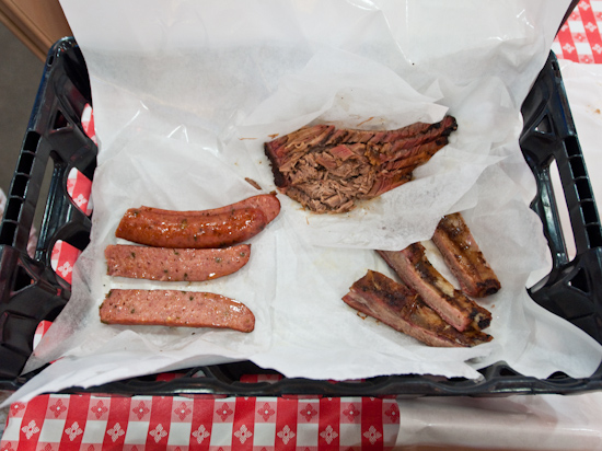 Rudy's BBQ - Jalapeno Sausage and 1/2 pound moist brisket and 1/2 pound St. Louis spare ribs