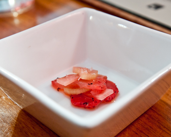 Uchi - Amuse Bouche of cured strawberries, pickled rhubarb, and watermelon radishes