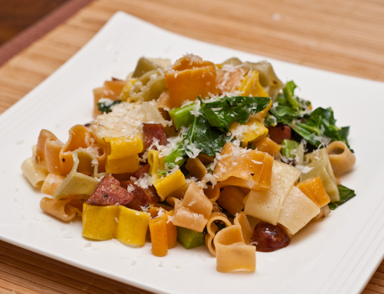 Heart Pasta with Jalapeno Sausage and Collard Greens