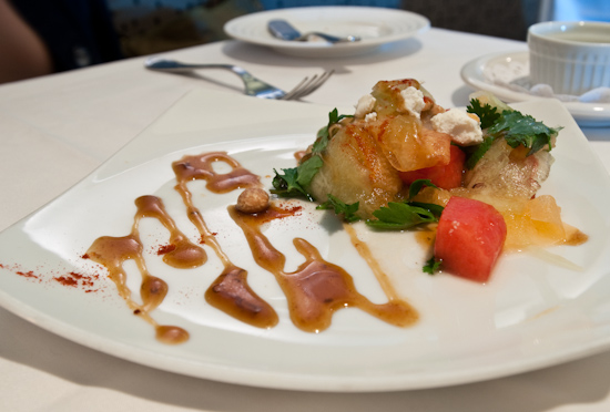 Zoot - Fresh melon salad with goat cheese, almonds, mint and pomegranate vinaigrette