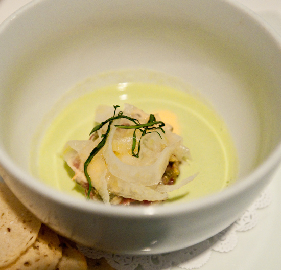 Zoot - Beef tartare, spring onion soup, tomato aioli, and fennel-basil salad