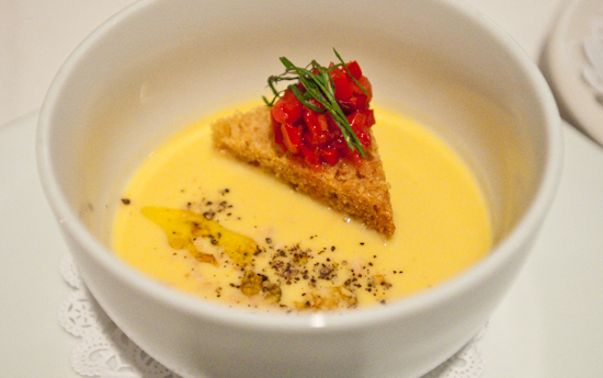 Zoot - Chilled smoked corn soup with basil and peanuts