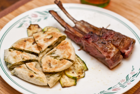 Scallion Pancake with leftover lamb chops and grilled zucchini