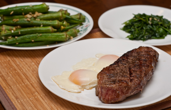 Sous Vide Steak and Eggs with Okra and Sauteed Baby Spinach and Arugula