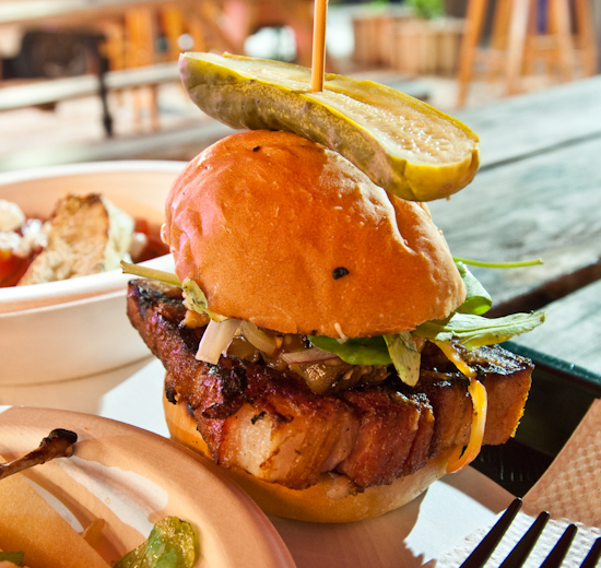 The Odd Duck Farm to Trailer - slider with spiced pork belly, pickled peppers with grilled eggplant