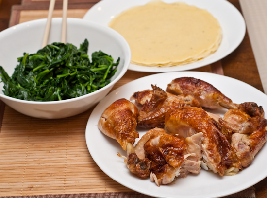 Costco rotisserie chicken with crepes and sauteed spinach