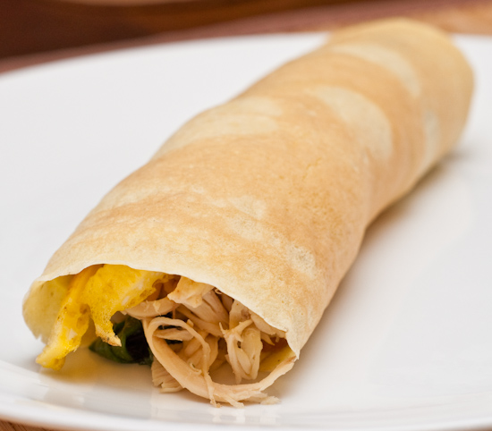 Crepe with shredded chicken, spinach, and egg strips